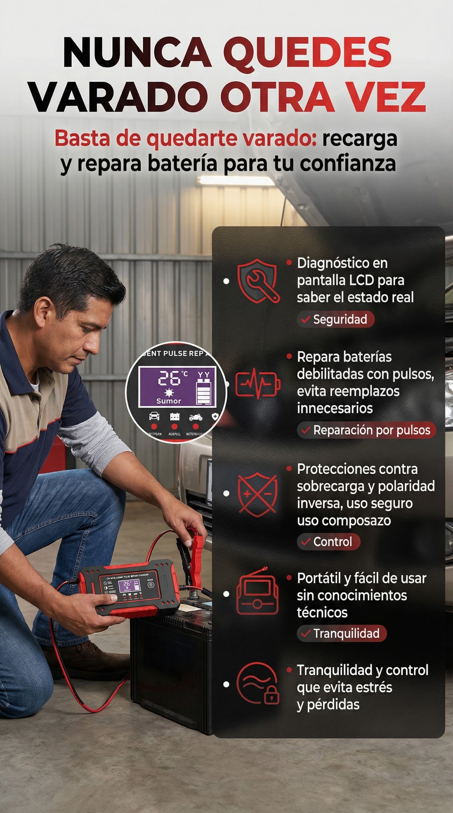 Cargador PREMIUM de bateria para autos